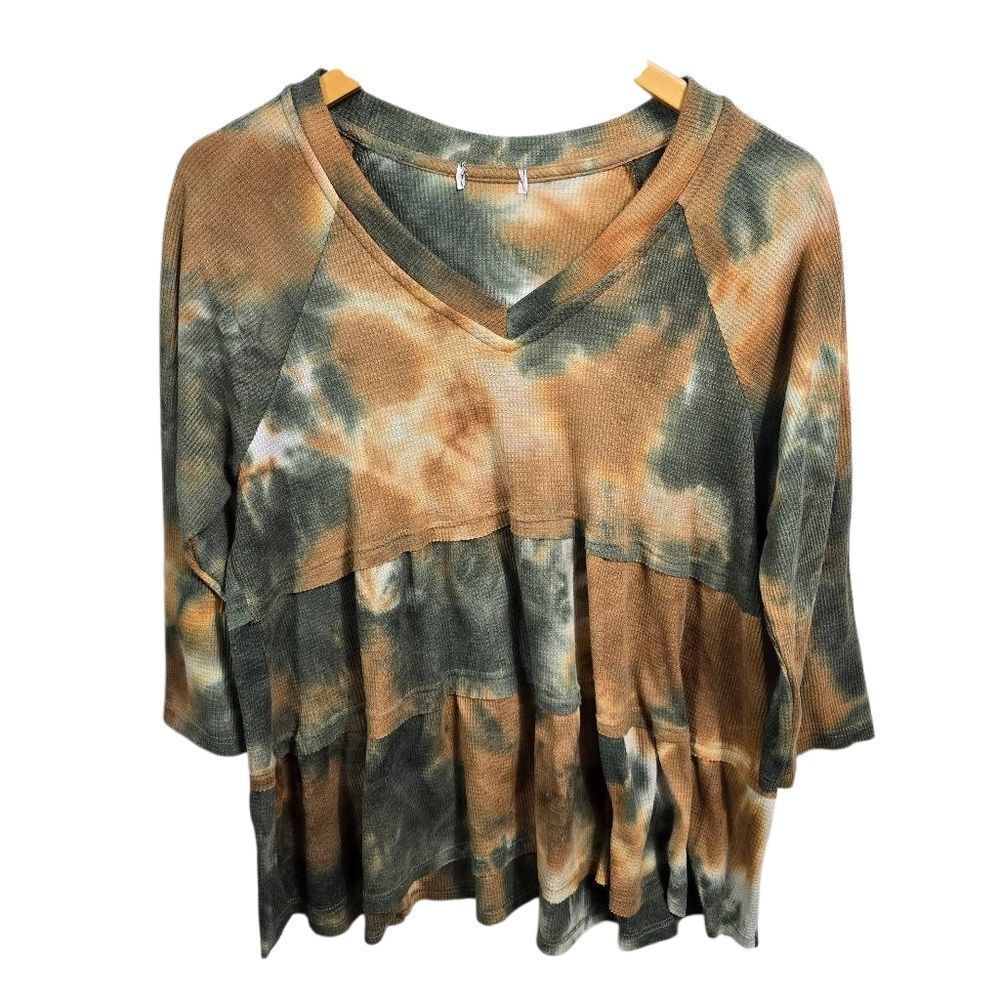 Thyme & Honey Gold & Green Tie‑Dye Boho 3/4 Sleeve Top Size M